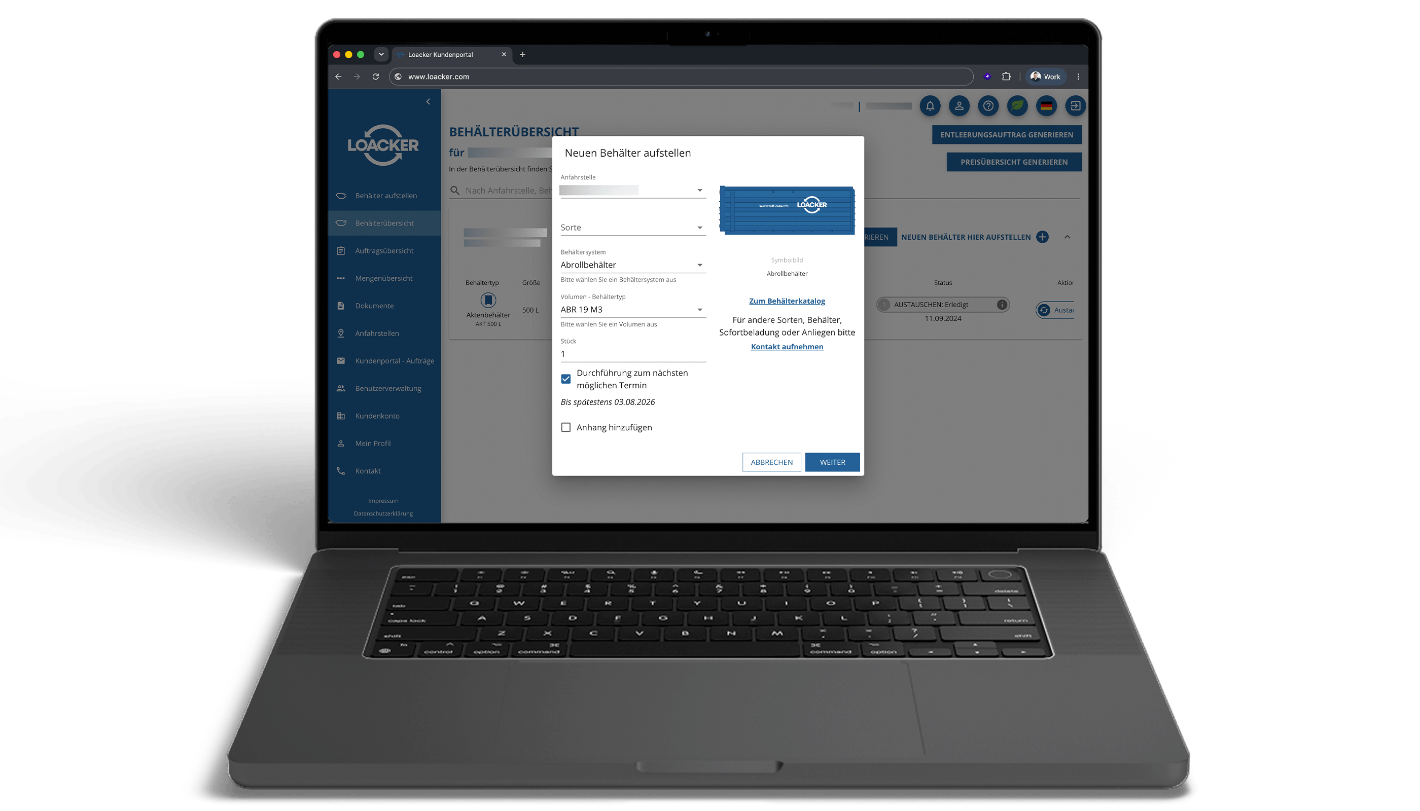 Laptop mit Loacker-Kundenportal zur digitalen Behälterverwaltung