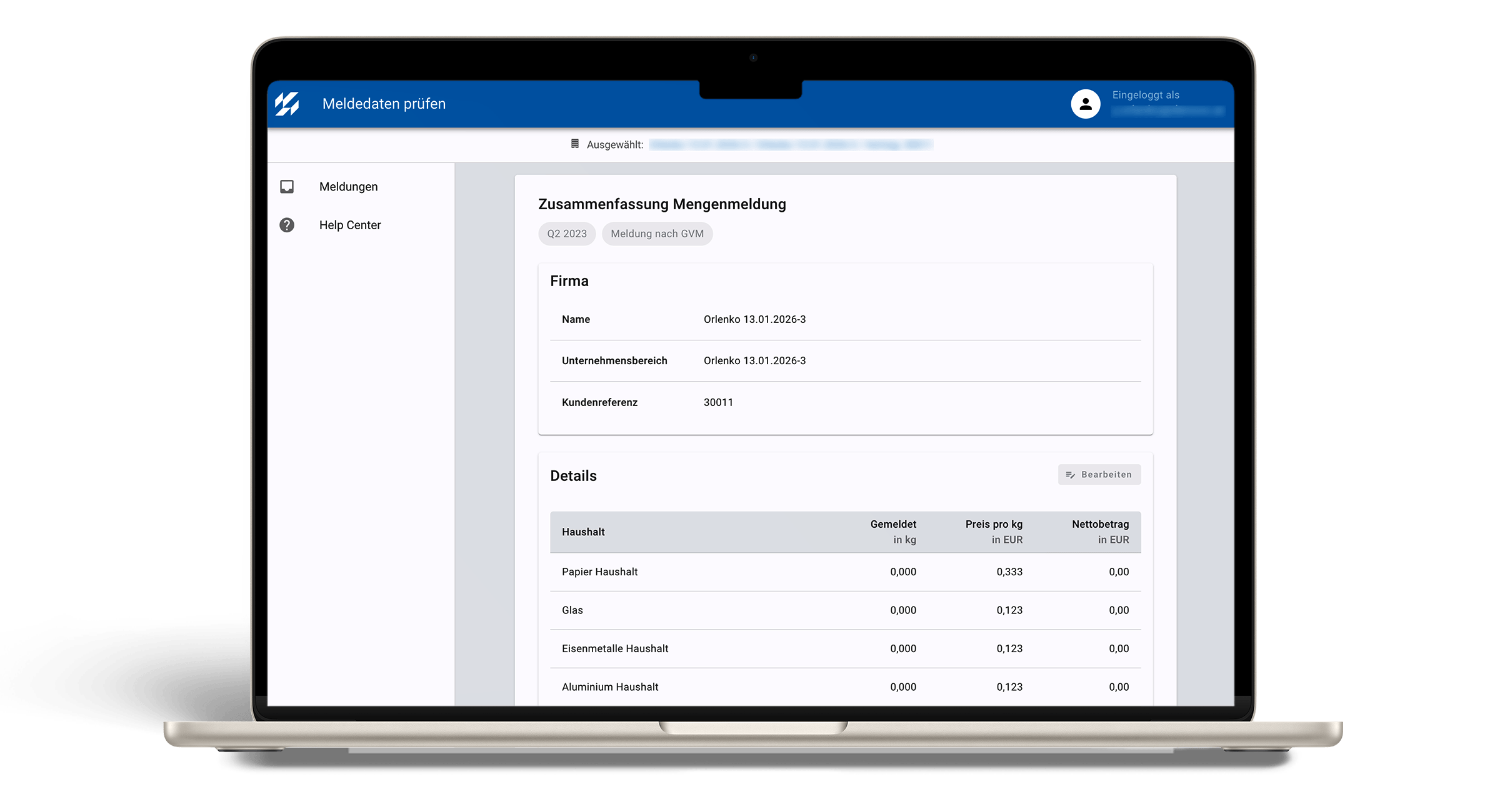 Laptop mit Meldeportal zur digitalen Erfassung von Mengenmeldungen